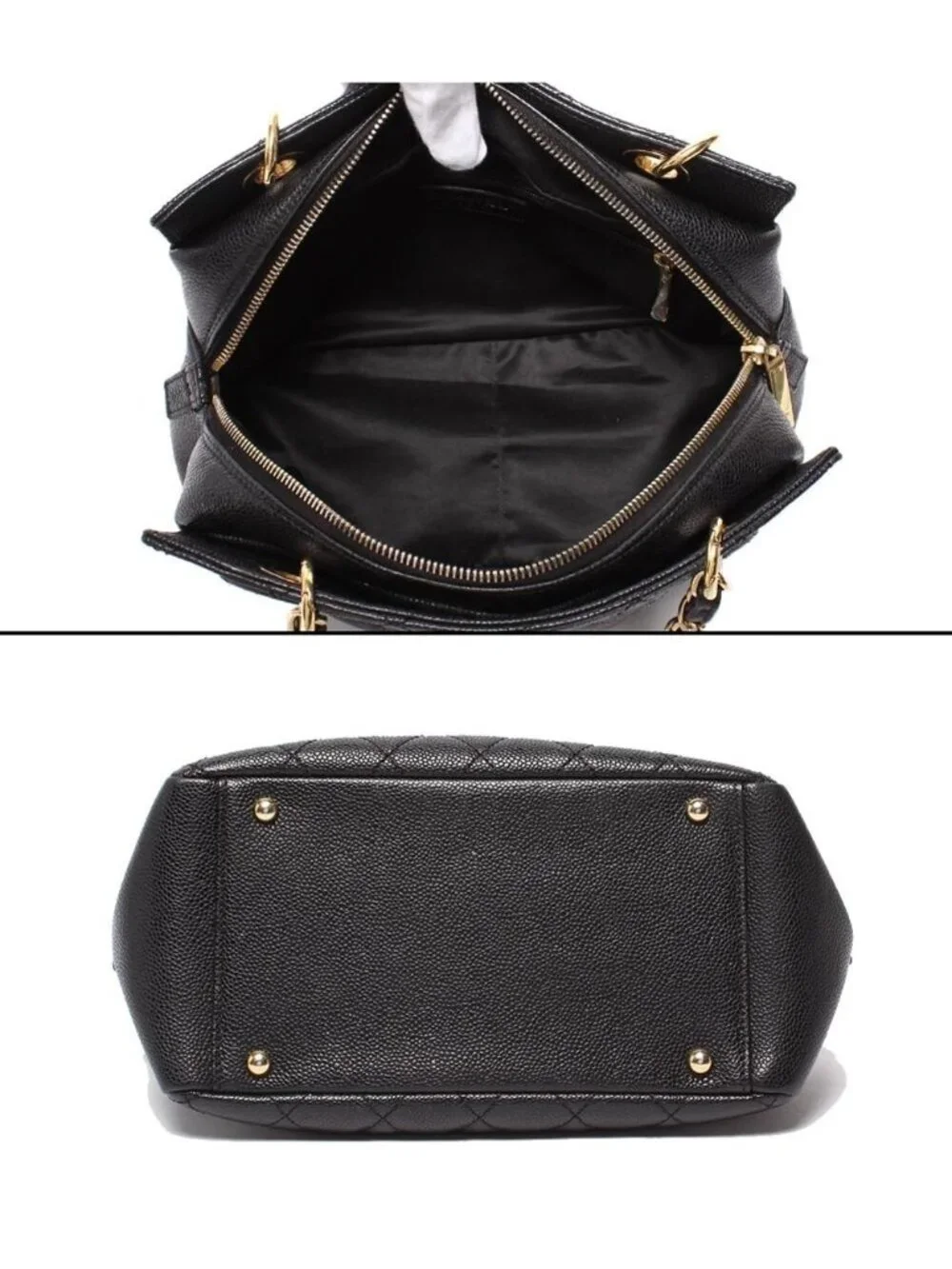 Chanel Chain Shoulder Bag Gold Quilted Caviar Leather Petit Timeless